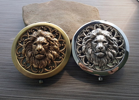 Handmade Oxidized Brass Lion Compact Mirror