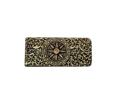 Handmade Oxidized Brass Embossed Compass Money Clip
