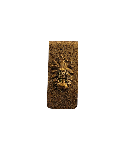 Handmade Oxidized Gold Embossed Indian Chief Money Clip