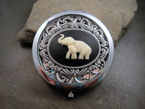Handmade Victorian Oxidized Silver Elephant Cameo Compact Mirror