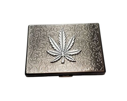 Vintage Engraved Leaf Joint Metal Cigarette Case Marijuana Old