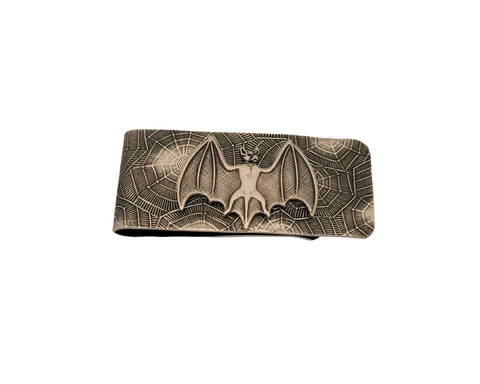 Handmade Oxidized Silver Spider Web Embossed Bat Money Clip