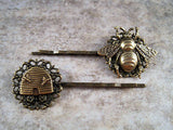 Handmade Antique Bronze Bee And Hive Brass Bobby Pins