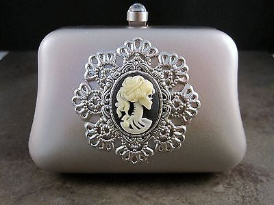 Handmade Matte Silver Metal Lolita Day Of The Dead Minaudiere With Chain