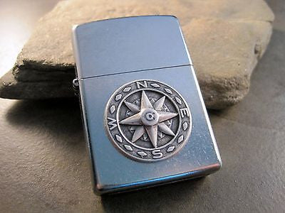 Handmade Brushed Silver Oxidized Silver Compass Cigarette Lighter