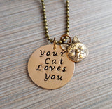 Handmade Hand Stamped Your Cat Loves You Charm Necklace