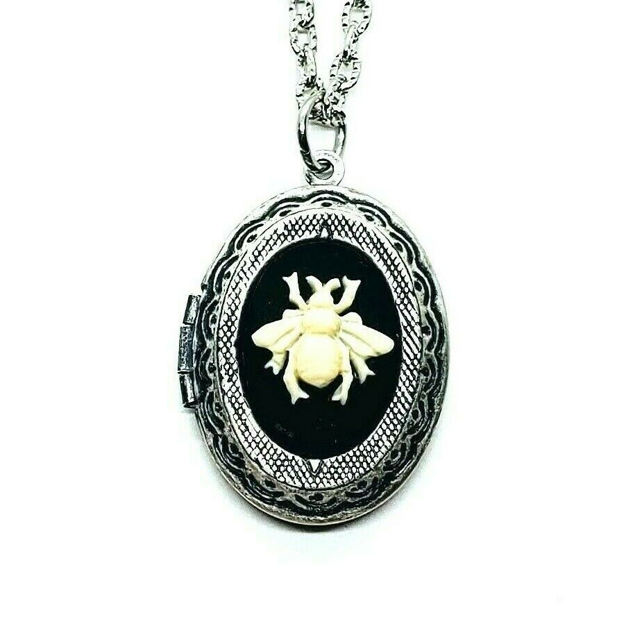 Handmade Silver Bee Cameo Locket Necklace