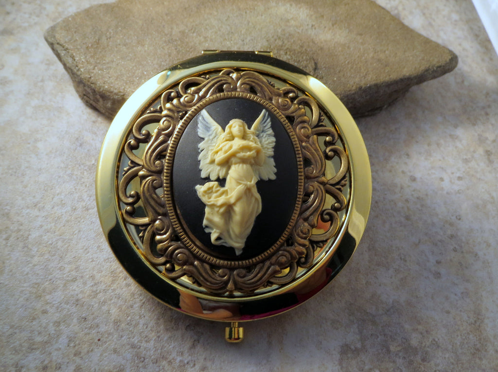 Handmade Victorian Golden Angel Cameo Compact Mirror