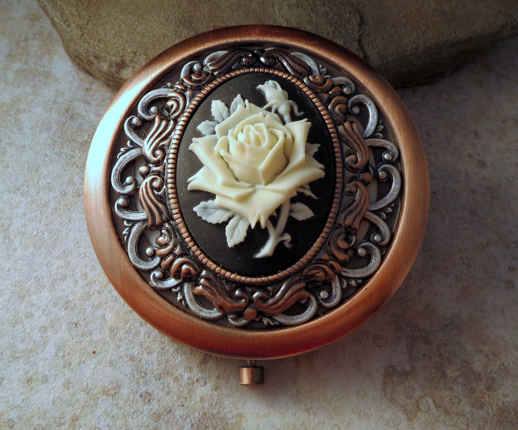 Handmade Victorian Oxidized Copper Rose Compact Mirror