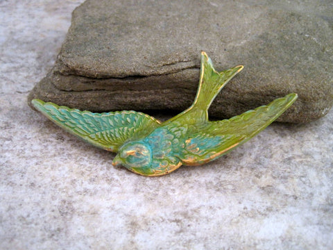 Handmade Verdigris Patina Bird In Flight Brooch