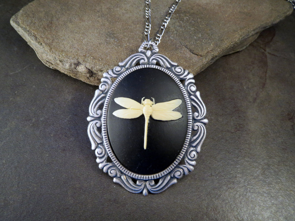 Handmade Oxidized Silver Victorian Dragonfly Cameo Necklace
