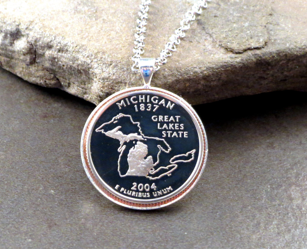 Handmade State Of Michigan Cameo Uncirculated Quarter Necklace