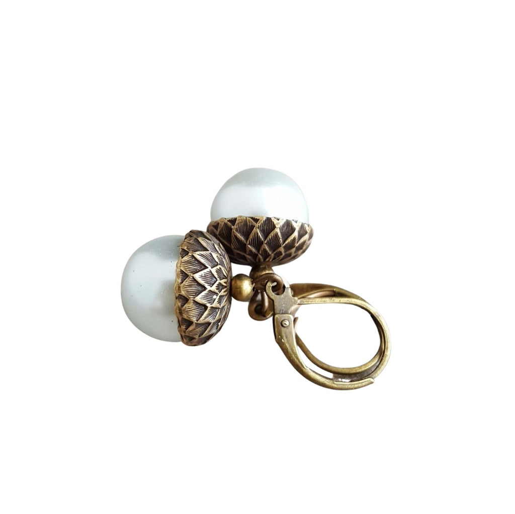 Handmade White Glass Pearl Acorn Earrings