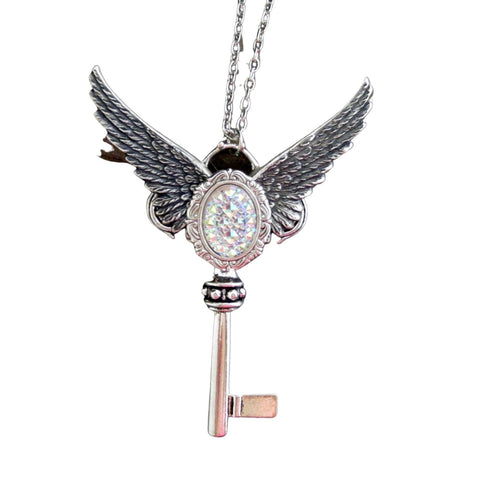 Handmade Large Silver Irridescent Angel Wings Key Necklace