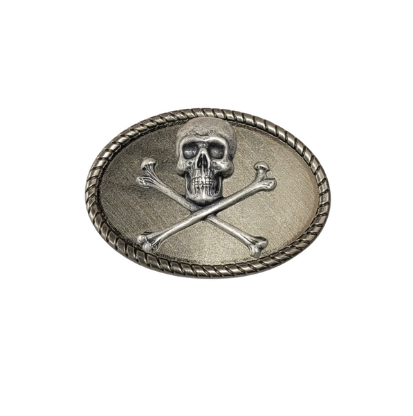 Large Silver Chrome Skull and Bones Steam Punk Belt Buckle Cross Necklace