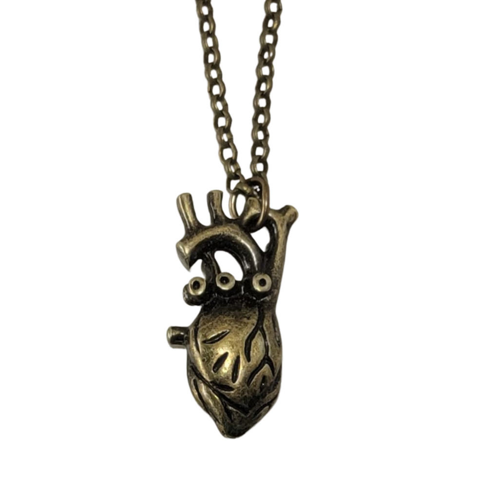 Handmade 3-D Double Sided Antique Bronze Anatomic Heart Necklace