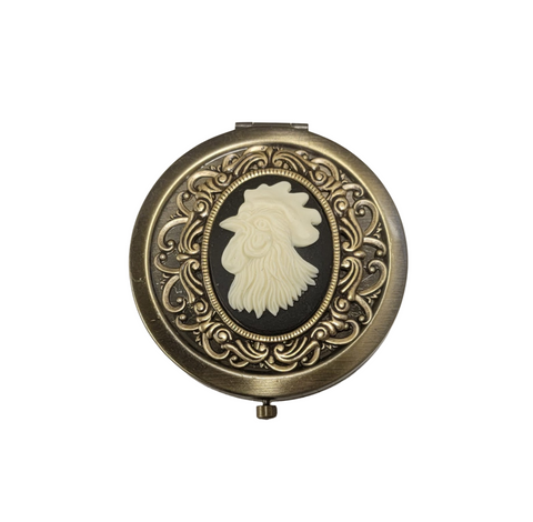Handmade Victorian Oxidized Brass Rooster Cameo Compact Mirror