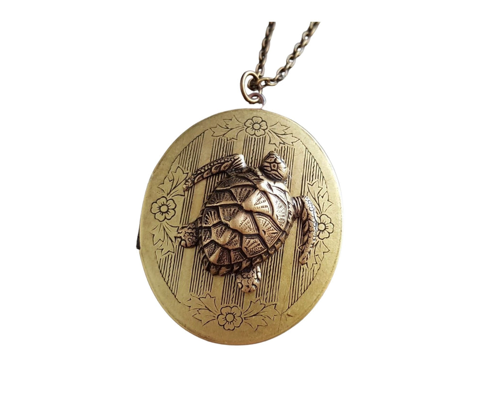 Handmade Oxidized Brass Victorian Turtle Locket Necklace