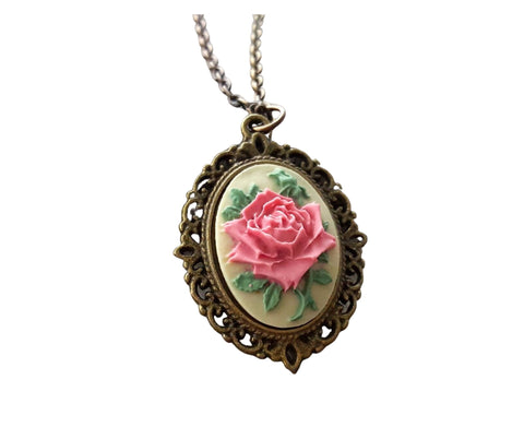 Handmade Victorian Pink Rose Cameo Necklace