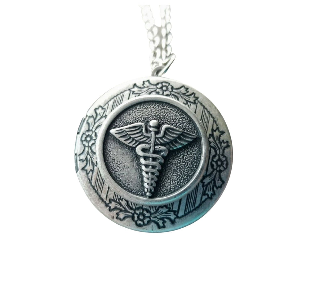 Handmade Antique Silver Caduceus Medical Symbol Locket Necklace