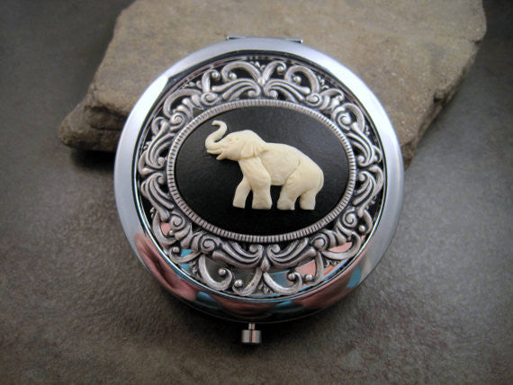 Handmade Victorian Oxidized Silver Elephant Cameo Compact Mirror