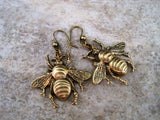 Handmade Oxidized Brass Bee Dangle Earrings